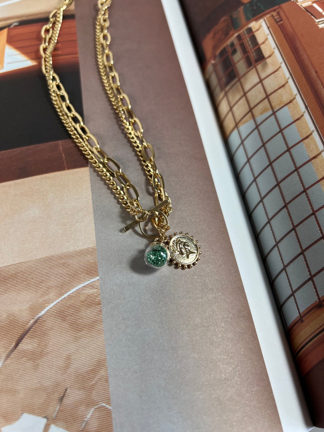 Vintage Reconstruction Green Sphere Gold Pendant Necklace - 项链 - 贵金属 金色