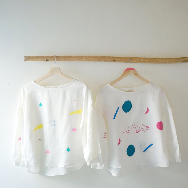 订制  印花白色亚麻澎袖圆弧下摆印花上衣 五款图案 补货到 - 女装上衣 - 棉．麻 白色