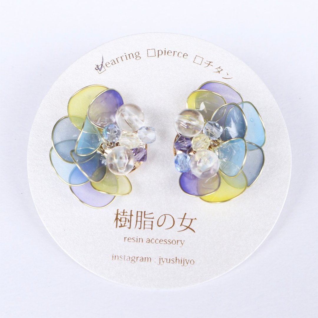 Blue flower earring yellow and purple - 耳环/耳夹 - 其他材质 黄色
