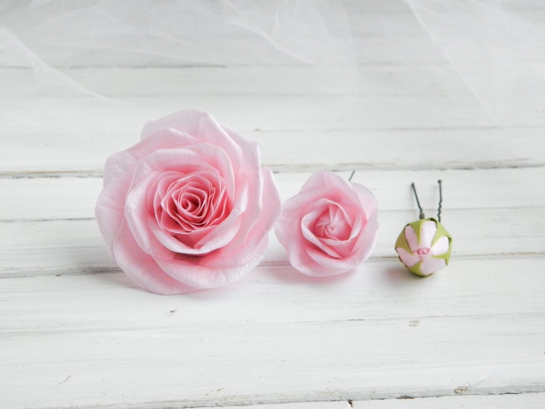 Light pink flowers hair pins Floral wedding hair piece Bridal floral headpiece - 发饰 - 其他材质 粉红色