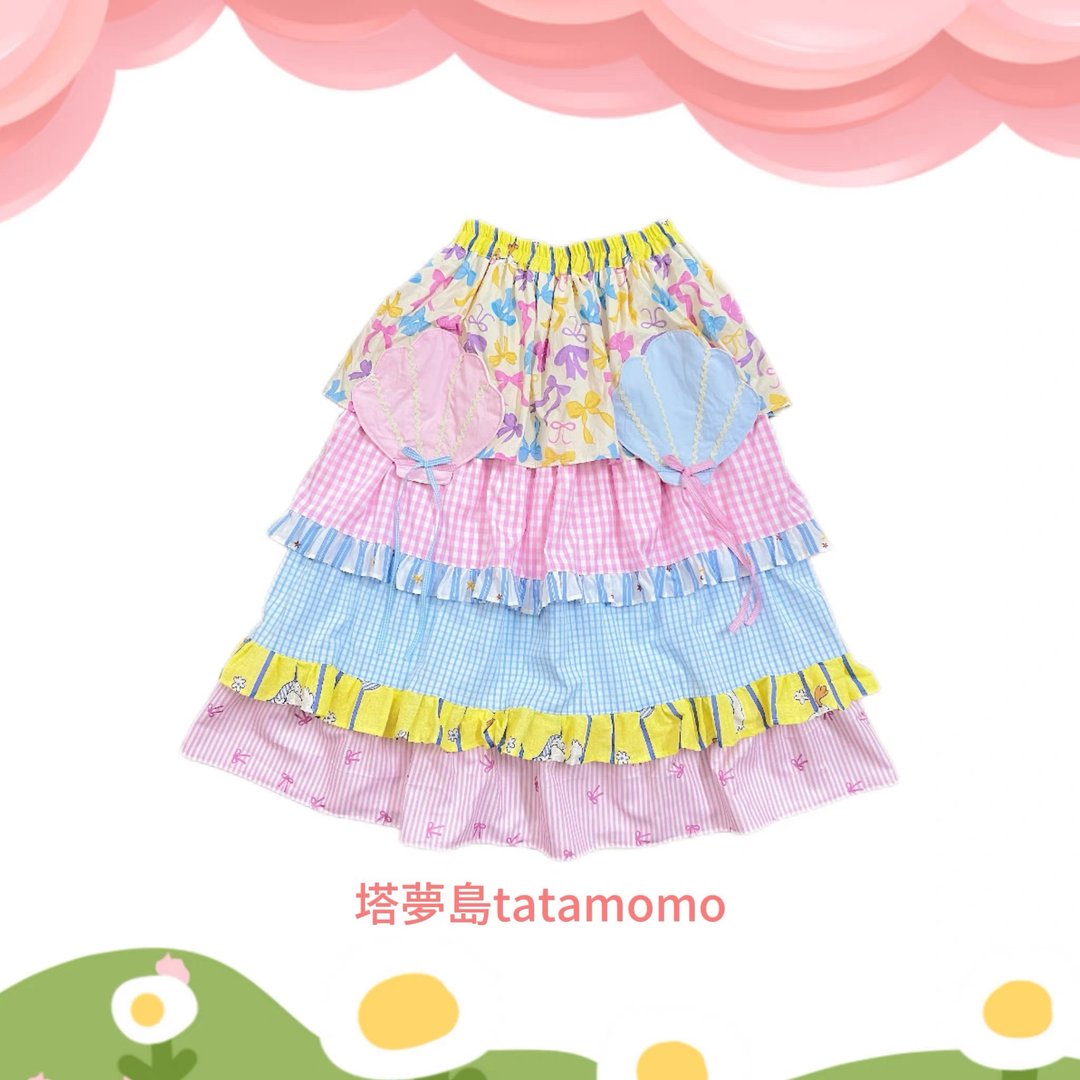 彩虹糖来信层层叠叠冰淇淋蛋糕裙 - 裙子 - 棉 多色