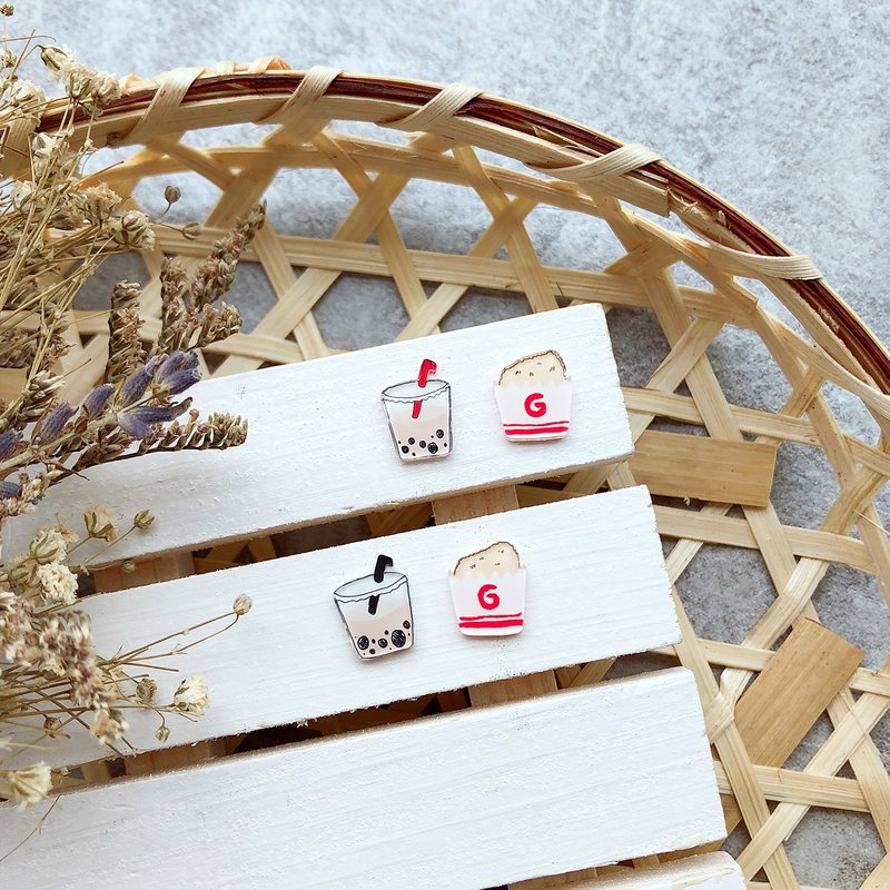 Pista丘手绘耳环/ 台湾系-珍奶+鸡排 - 耳环/耳夹 - 树脂 红色