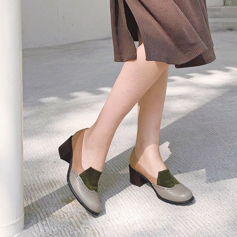 【手工订制】安定感粗跟拼接牛津鞋_灰绿 - 女款牛津鞋/乐福鞋 - 真皮 灰色