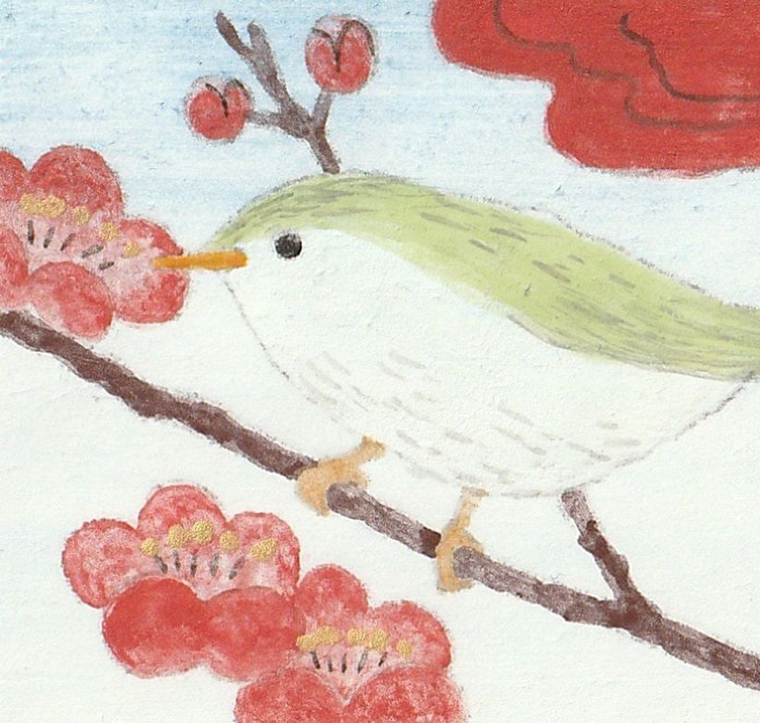 Japanese Poster　Red Plum and Bush Warbler Japanese bush warbler, painting, mini - 海报/装饰画/版画 - 纸 红色
