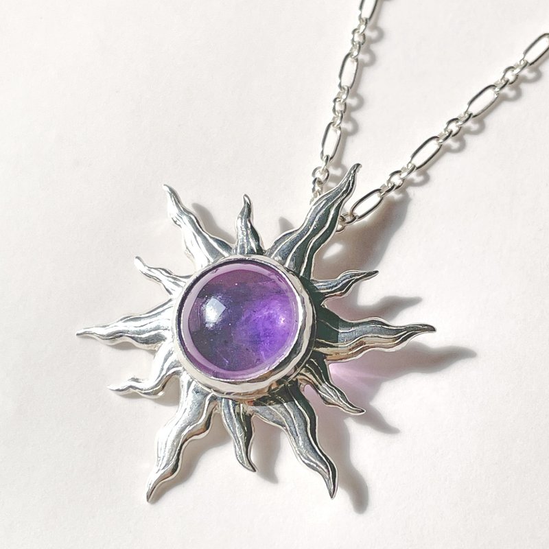 紫阳 - 手工蜡雕 紫水晶太阳 纯银吊坠 925银项链 - 项链 - 银 紫色