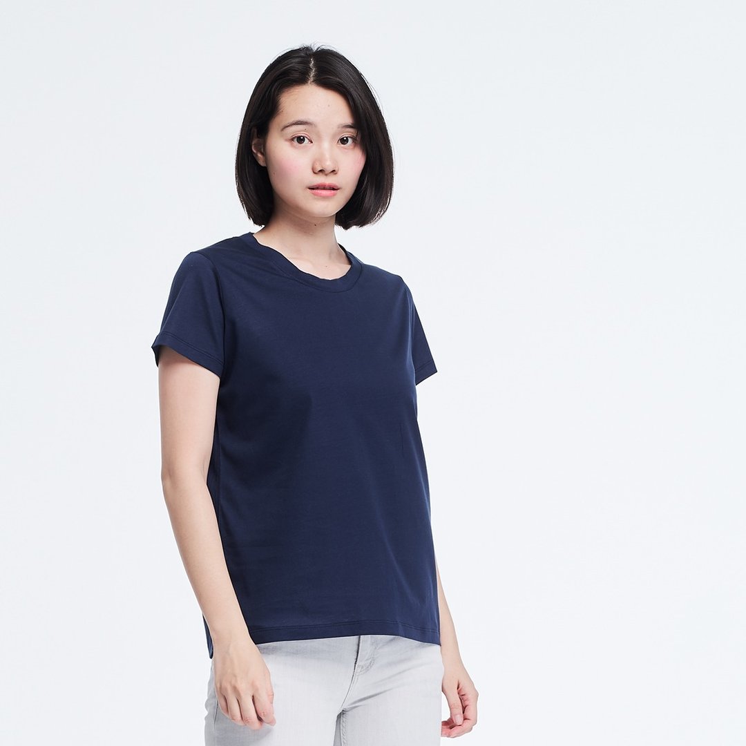 珠光棉圓領領TEE/深藍 - 女装 T 恤 - 棉 蓝色