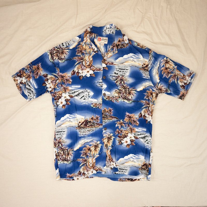 HILO HATTIE 蓝 黄 晕染 花卉 夏威夷制 花衬衫 木扣 古着 - 男装衬衫 - 棉．麻 蓝色
