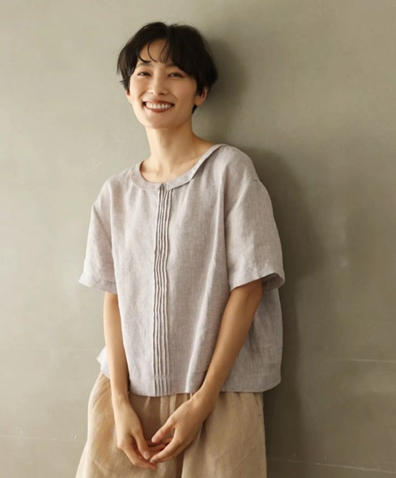 清爽亚麻 气质平领细褶短袖上衣 紫灰色 240622-2 - 女装上衣 - 亚麻 灰色