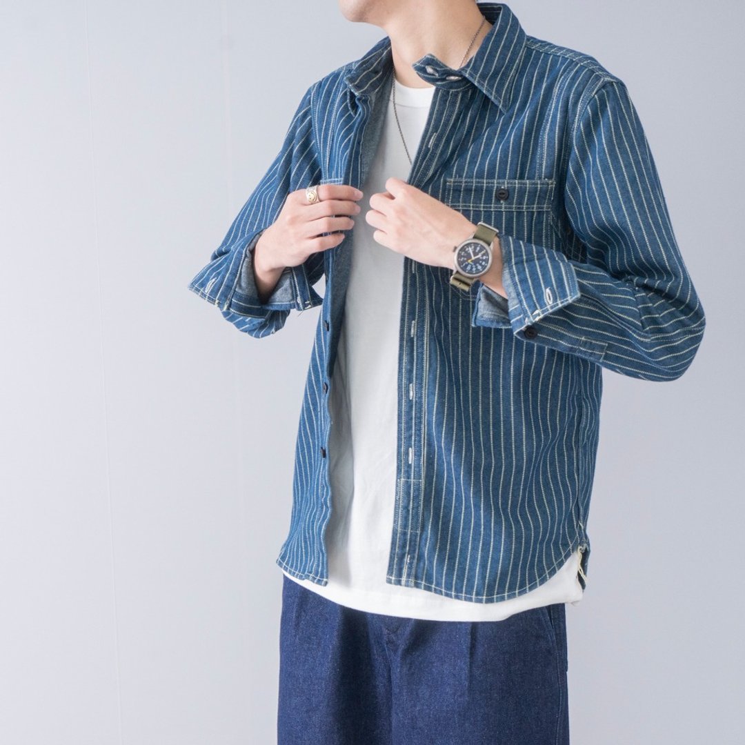 日常搭配 美式复古洗水牛仔条纹衬衫 工装内搭衬衫denim shirt - 男装衬衫 - 棉 蓝色