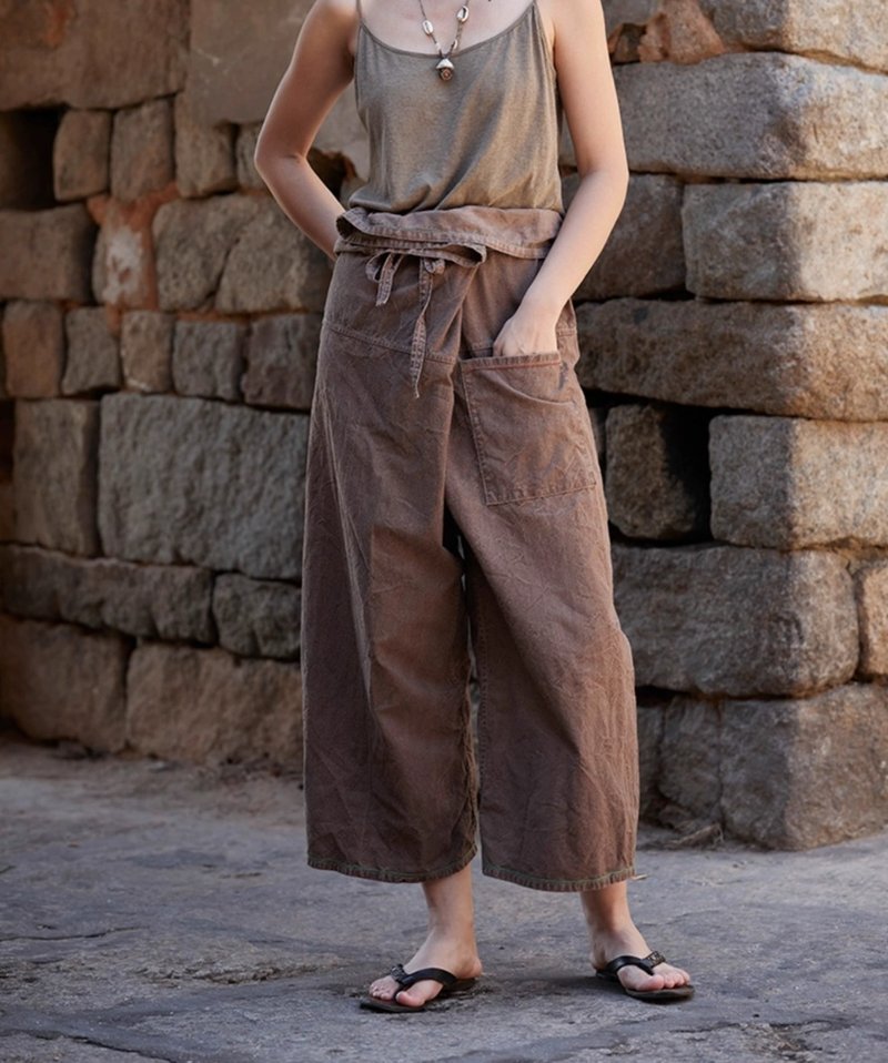 复古文青 纯棉植物染休闲长裤 - 女装长裤 - 其他材质 咖啡色
