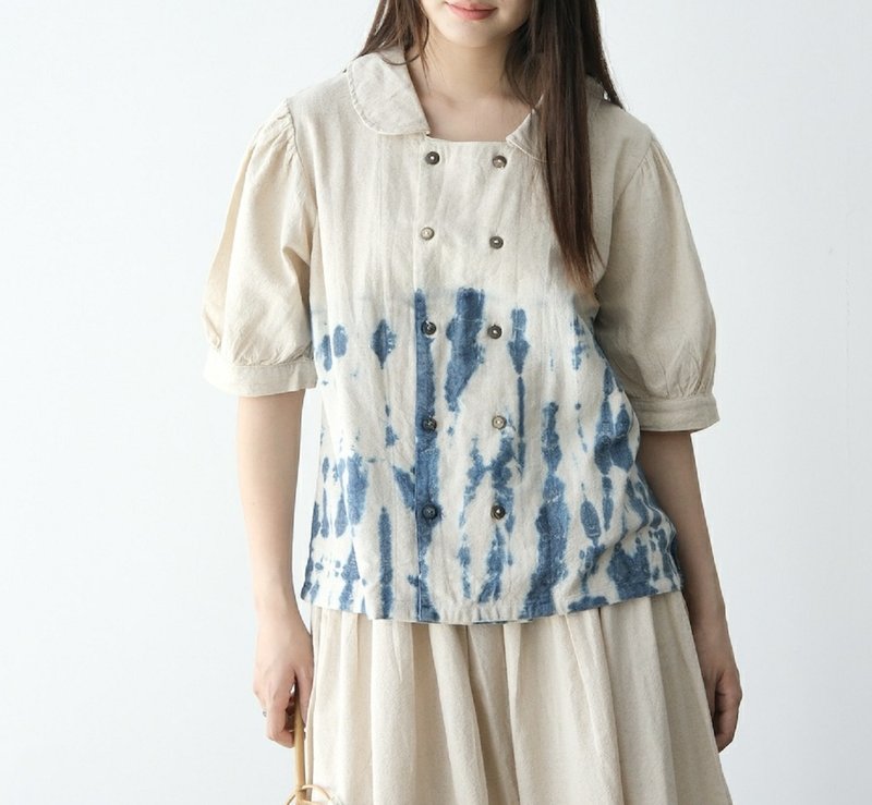 【棉麻手工蓝染】小方领泡泡袖子双排扣上衣 3色 - 女装上衣 - 棉．麻 蓝色