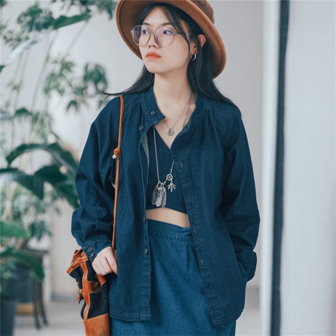 靛藍色 法式復古斜門襟靛藍牛仔襯衫外套 - 女装衬衫 - 棉 蓝色