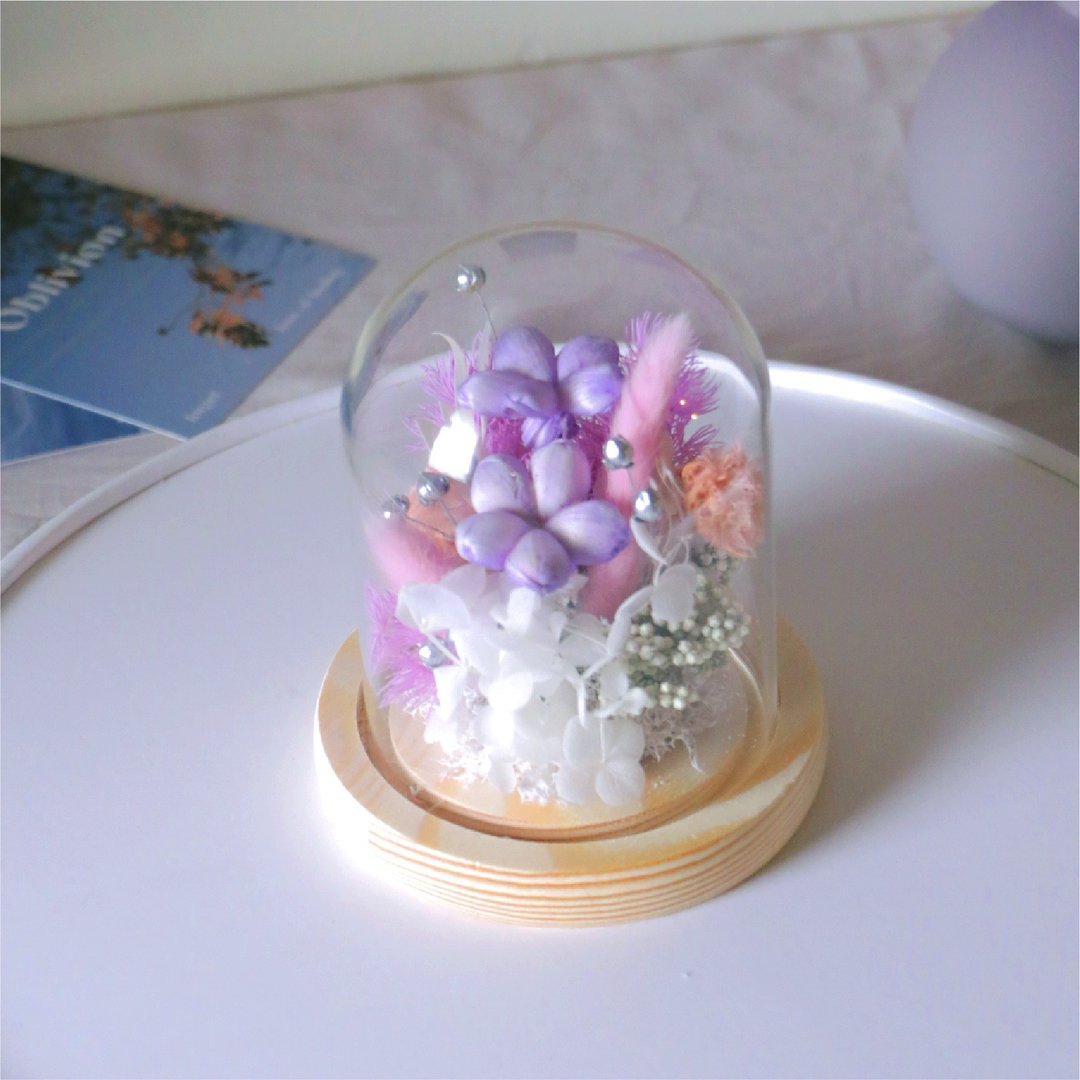 【永生花玻璃盅。粉紫色】情人节。开幕。居家摆饰 I 可自取 - 干燥花/捧花 - 植物．花 紫色