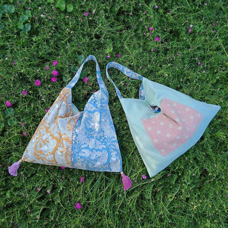 带流苏的双面粉彩手工印花印度棉包 - 手提包/手提袋 - 棉．麻 橘色