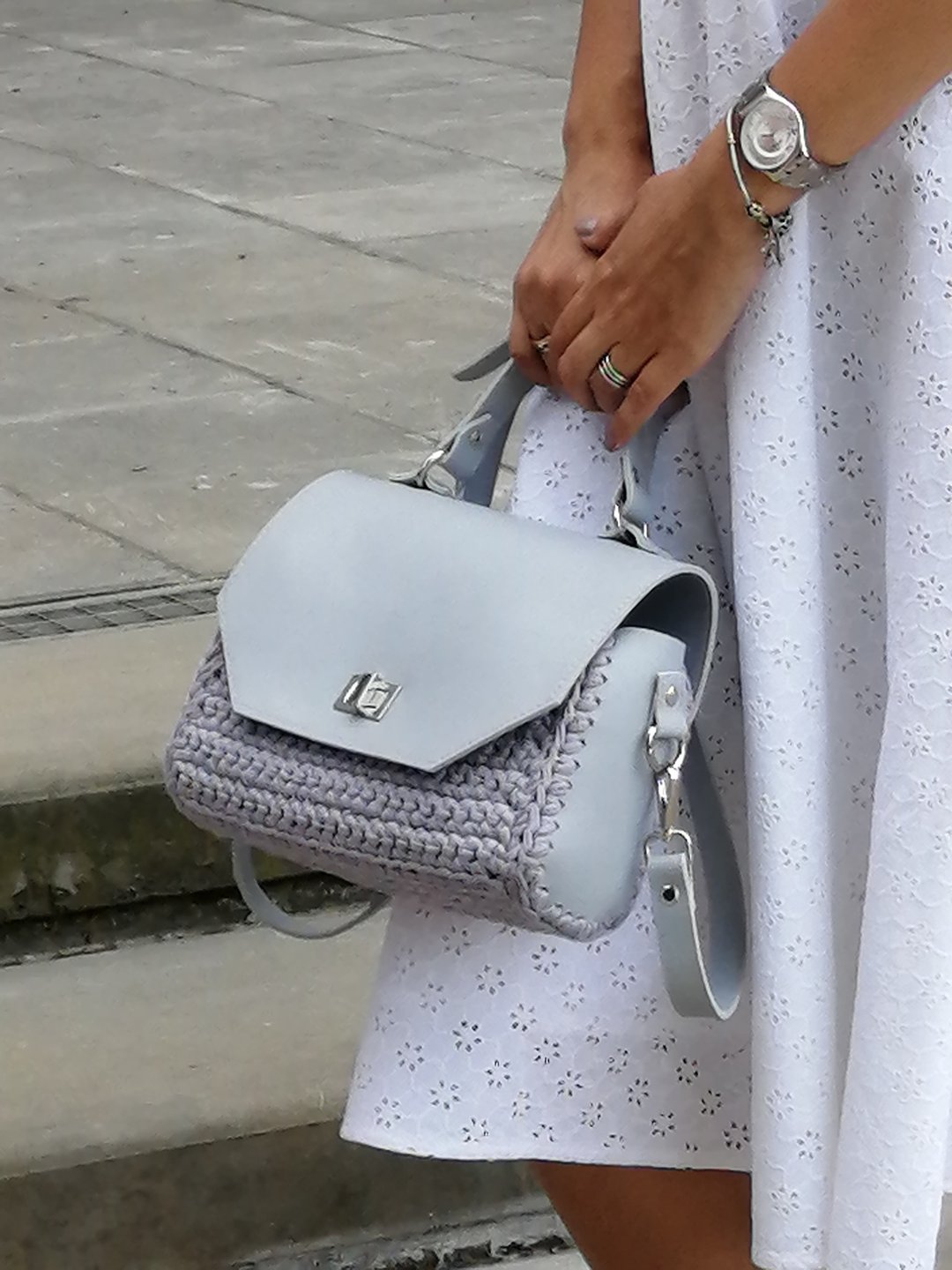 crochet leather bag knitted lilac VIOLA - 手提包/手提袋 - 棉 紫色