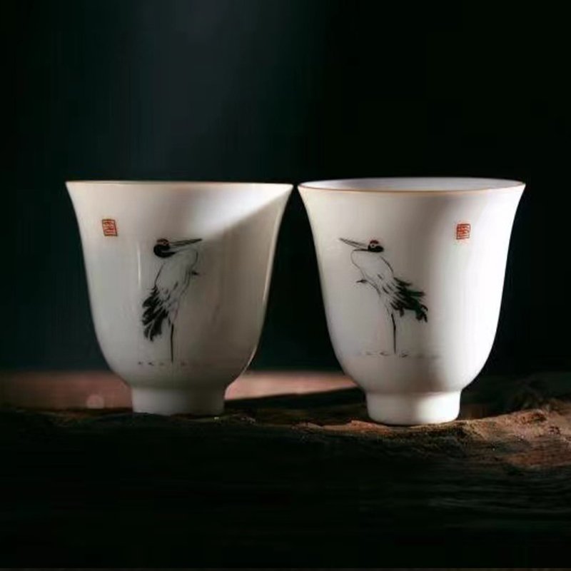 仙鹤(对杯)原创 手绘陶瓷手工茶艺杯 - 茶具/茶杯 - 瓷 白色