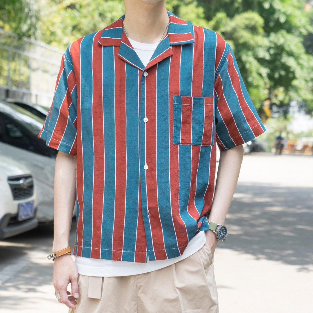 夏季 Aloha 美式复古夏威夷 竖纹拼色短袖衬衫 Hawaiian shirts - 男装衬衫 - 棉 多色