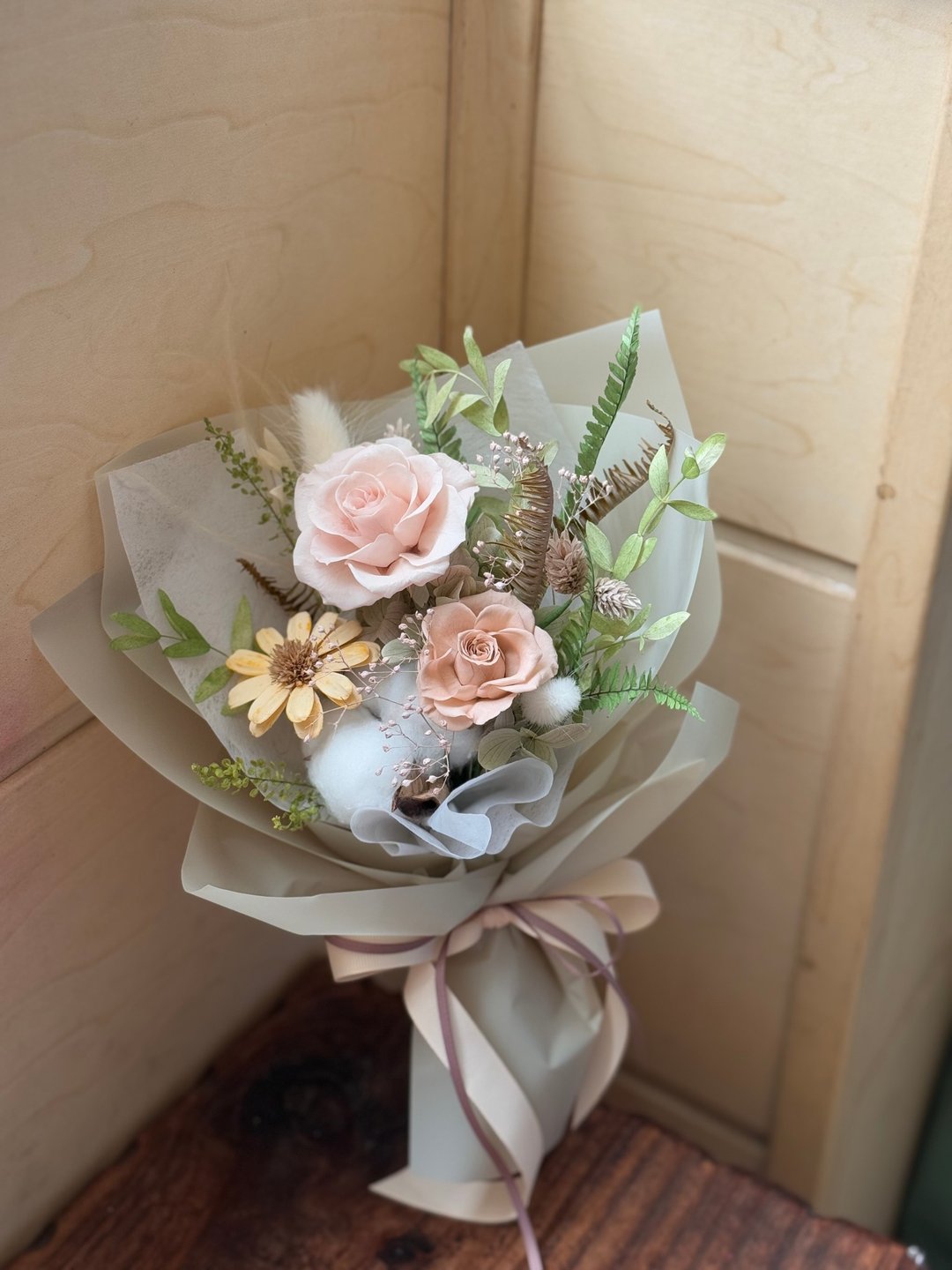 永生玫瑰花束 毕业花束 生日花 奶茶色 - 干燥花/捧花 - 植物．花 粉红色