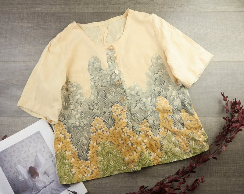 男| 复古女式印花黄色衬衫| 女式复古服装 - 女装衬衫 - 其他材质 黄色