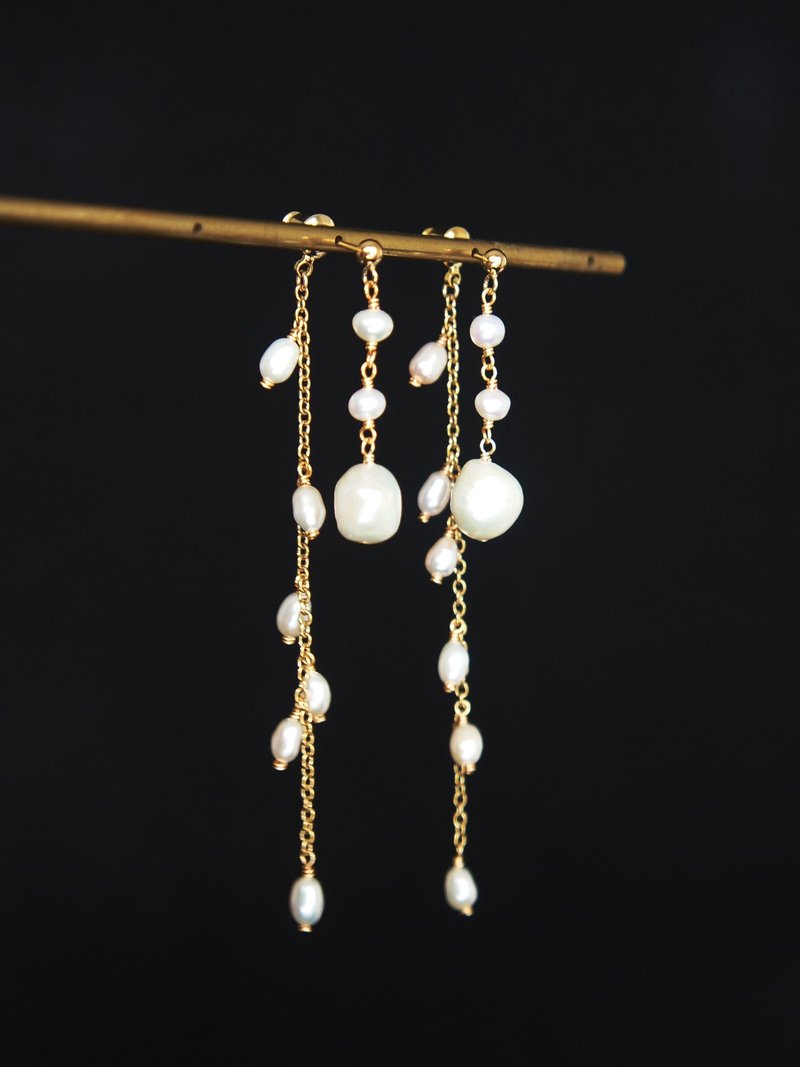 14kGF前后双链珍珠耳环 多种戴法 长流苏耳环 天然珍珠 轻珠宝 - 耳环/耳夹 - 珍珠 金色