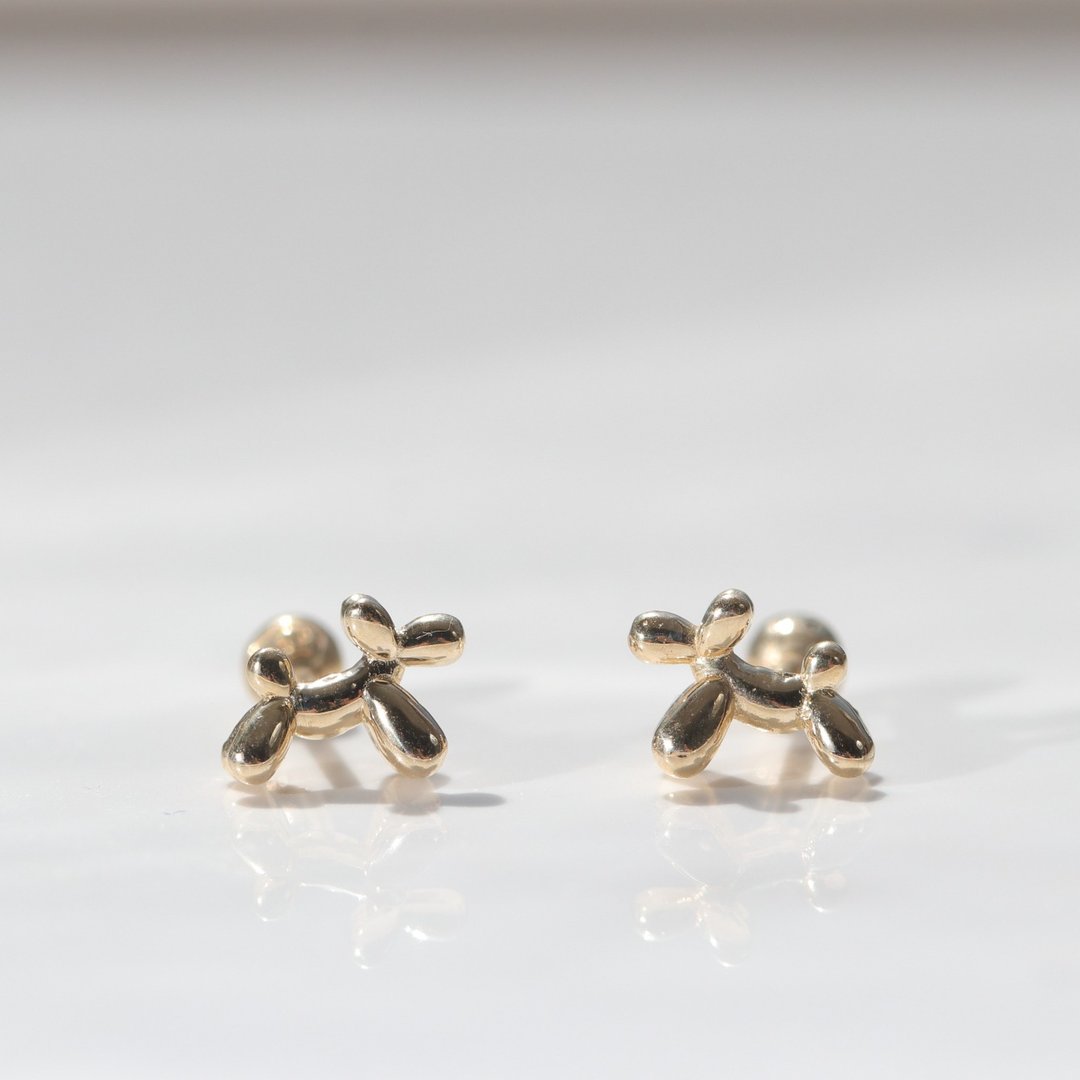 14K 气球狗狗锁珠耳环(单个)耳骨 耳窝 不退色 - 耳环/耳夹 - 贵金属 金色
