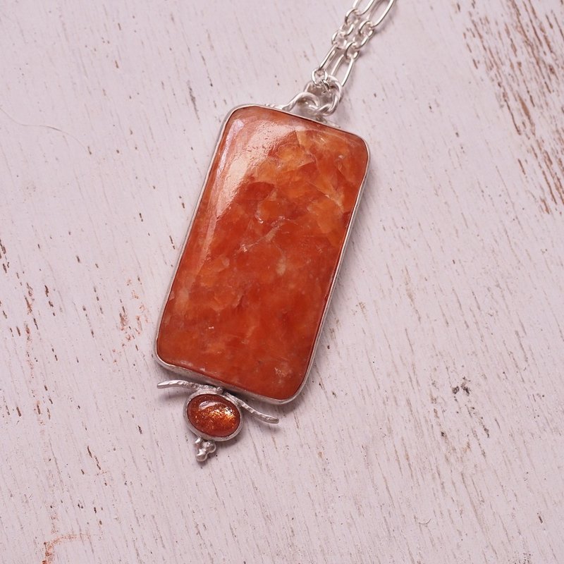 大颗橙色方解石 金太阳石 手工纯银项链 Orange Calcite Sunstone - 项链 - 半宝石 