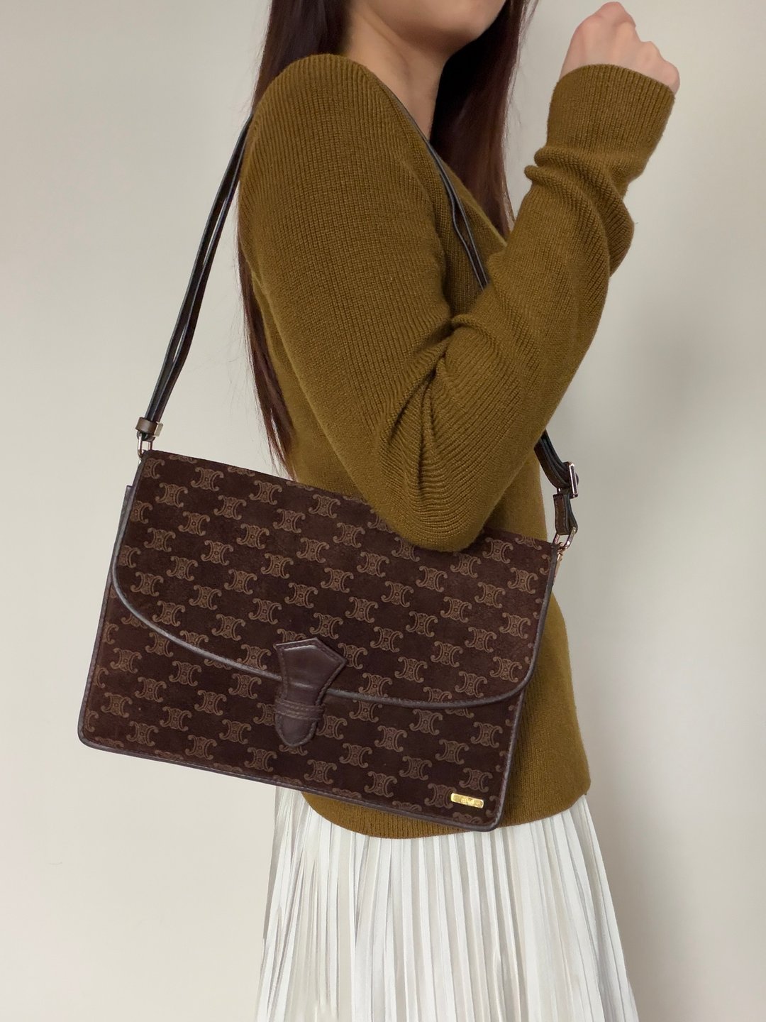 中古正品 Celine 凯旋门 麂皮 手拿包 斜背包 老钱风 思琳 腋下包 - 侧背包/斜挎包 - 真皮 咖啡色