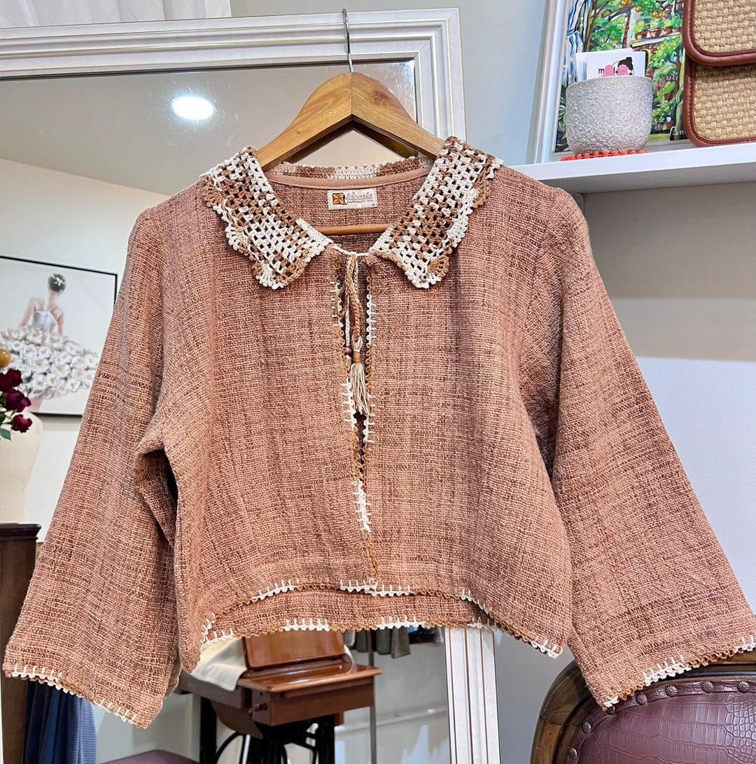【Size M】 手工编织钩针领开襟外套 - 女装上衣 - 棉 多色