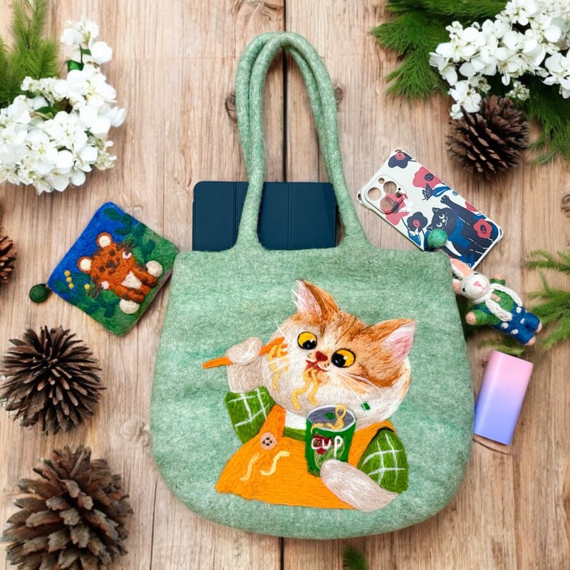 羊毛毡单肩包 大托特 文青小众 插画疗愈森林风 手工制作 泡面猫 - 侧背包/斜挎包 - 羊毛 绿色