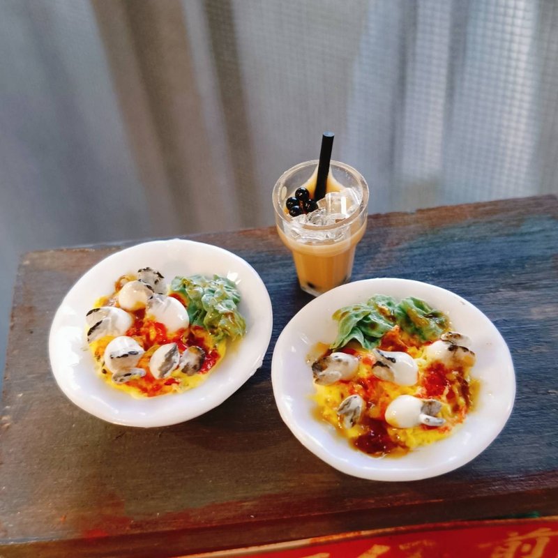 蚵仔煎 蚵仔 蛋 夜市 宵夜 袖珍 手作 迷你 食玩 微型 艺术 摆饰 - 摆饰 - 粘土 