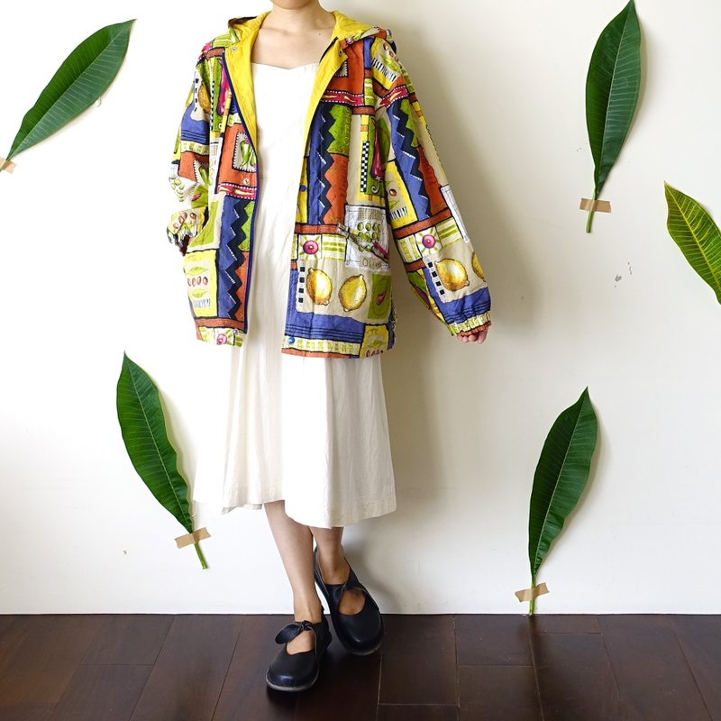 BajuTua /古着/ 法国制 缤纷蔬果连帽防风夹克 - 中性连帽卫衣/T 恤 - 棉．麻 黄色