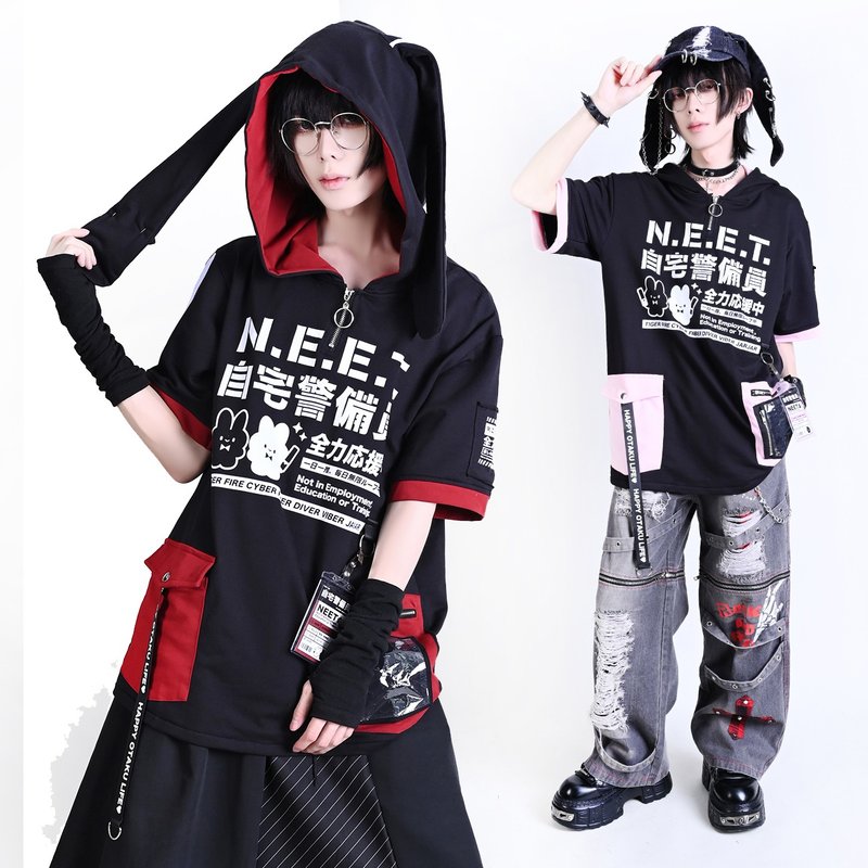 原创宅战斗兔NEET自宅警备员证件套兔耳朵短袖拉链连帽T恤JJ2543 - 中性连帽卫衣/T 恤 - 棉．麻 