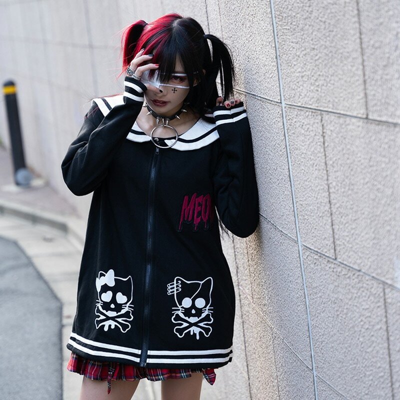 Meow地狱猫水手服海军领长袖外套日系原宿可爱庞克风【JA0457】 - 女装休闲/机能外套 - 棉．麻 