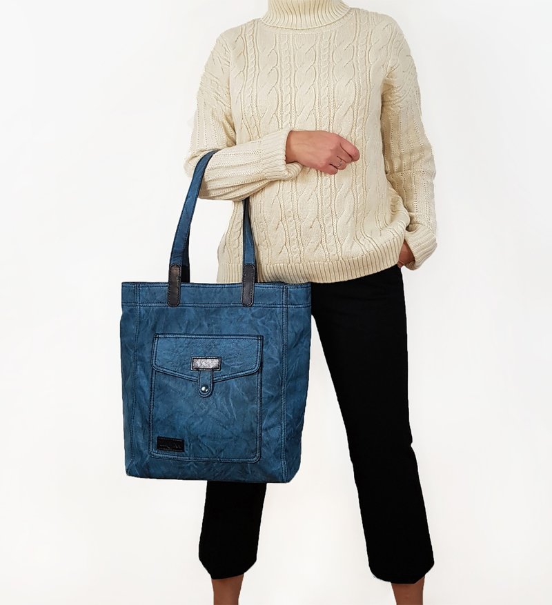 皮革托特包, 大型购物包, 宽大手提包, 手工礼物 - 手提包/手提袋 - 真皮 蓝色