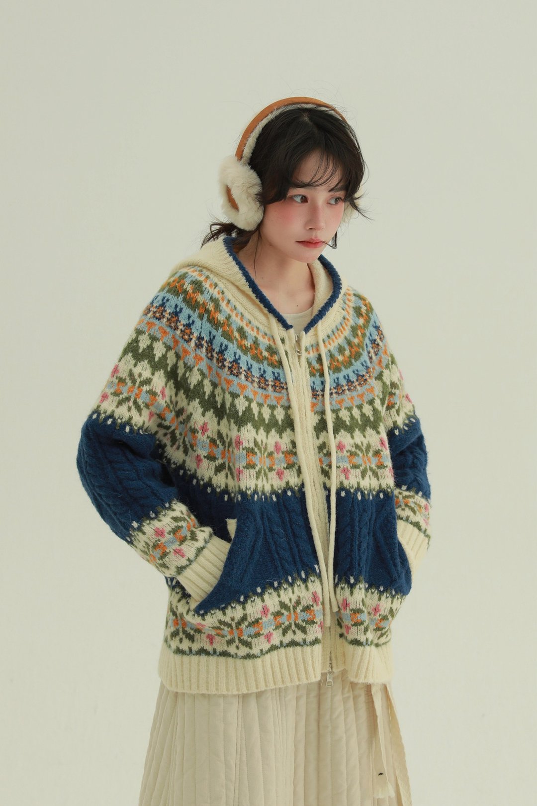 藍色 彩虹雪花 連帽費爾島毛衣 復古文藝撞色保暖針織帽衫 - 女装针织衫/毛衣 - 聚酯纤维 蓝色