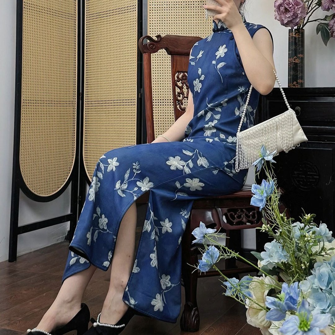 竹節麻旗袍連衣裙 / 無袖修身改良旗袍 / 文藝書香風女裝 - 旗袍 - 其他材质 蓝色