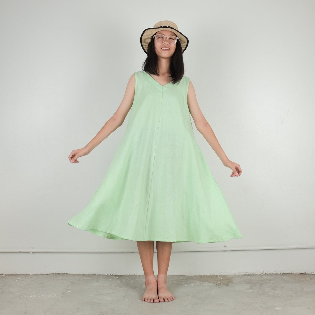 A-dress Linen Fabric (Lime) - 洋装/连衣裙 - 棉 绿色