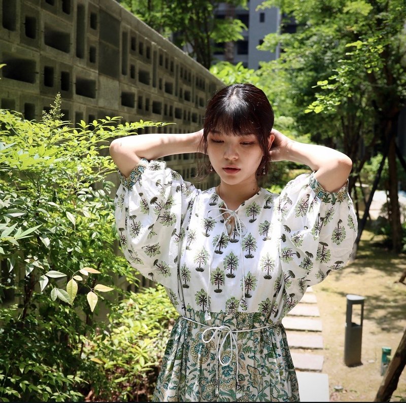 印度丨Block Print洋装 -小树之森 - 裙子 - 棉．麻 绿色