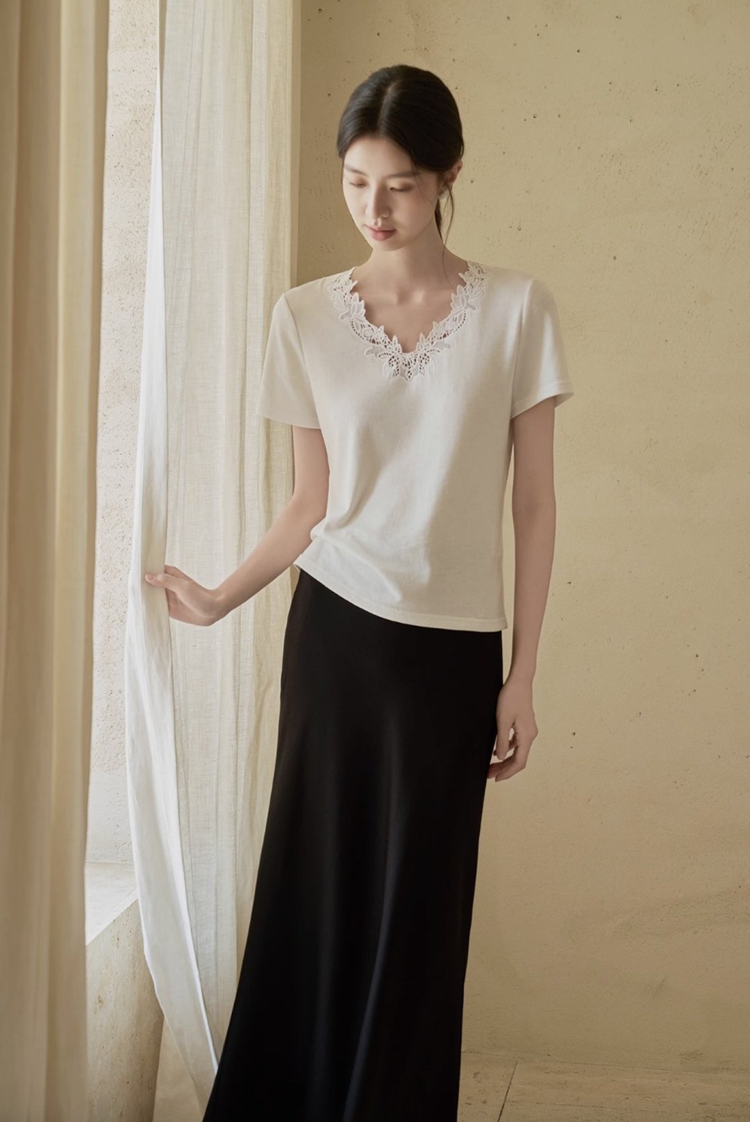 法式极简  天丝棉镂空老钱风短袖T恤 - 女装 T 恤 - 其他材质 白色