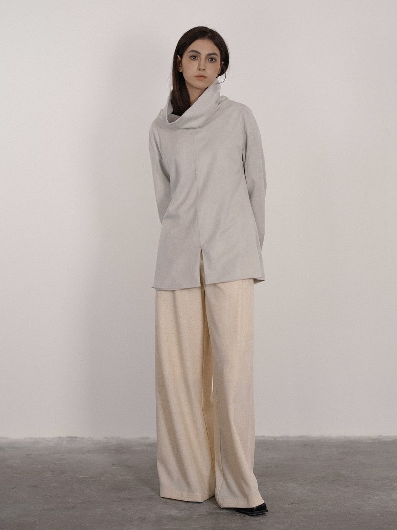 法式极简 / 高领寬鬆加厚长袖上衣 / 麂皮绒 - 女装上衣 - 其他材质 灰色