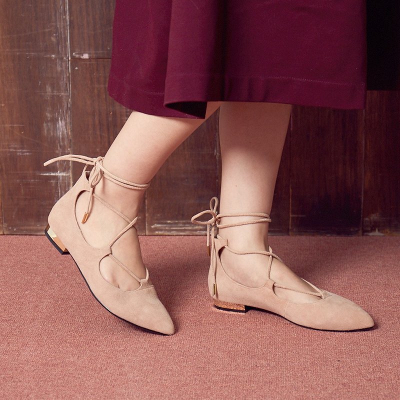 【法式调情】绕踝绑带尖头金属跟平底鞋_胡桃裸(23) - 其他女款皮鞋 - 真皮 卡其色