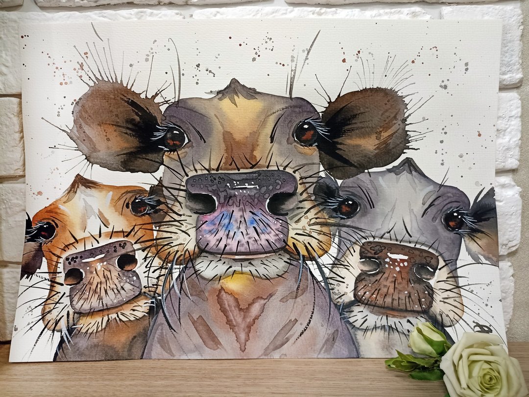 Watercolor original 3 cow room decor animal painting art by Anne Gorywine - 墙贴/壁贴 - 纸 银色