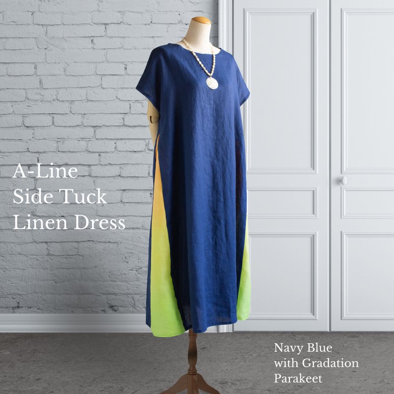 Linen Navy Blue Gradient Parakeet Side Tuck Dress French Sleeve AP16 - 洋装/连衣裙 - 棉．麻 蓝色