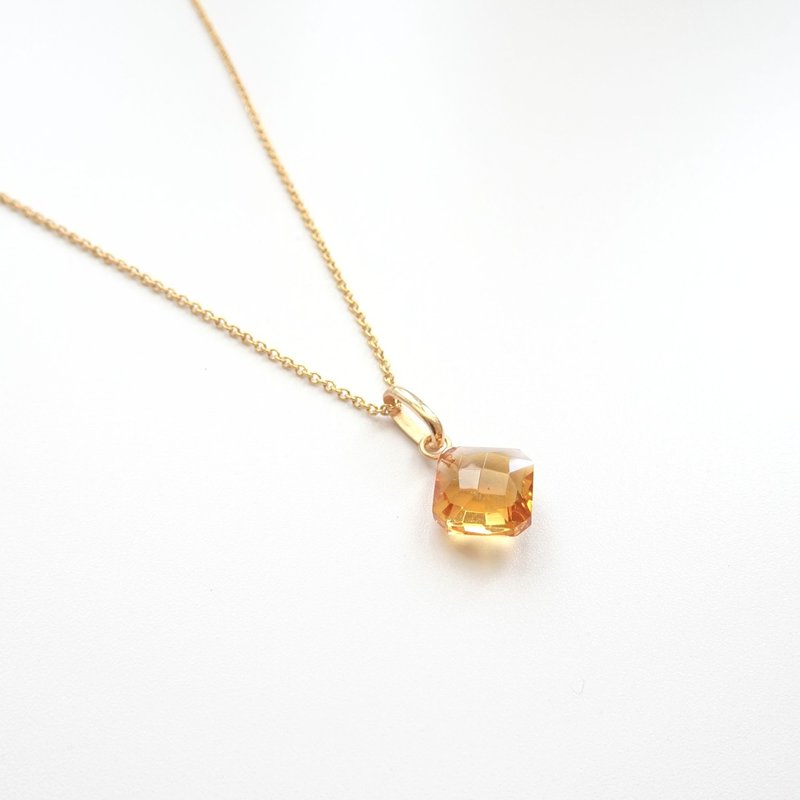 天然黄水晶 菱形切割 古董纯 14K 金坠 | 搭配 14K GF 包金链 - 项链 - 半宝石 黄色