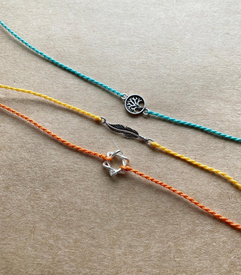 生命树 羽毛 六芒星 简约细手链 925纯银 日本蜡线南美蜡线 - 手链/手环 - 纯银 多色