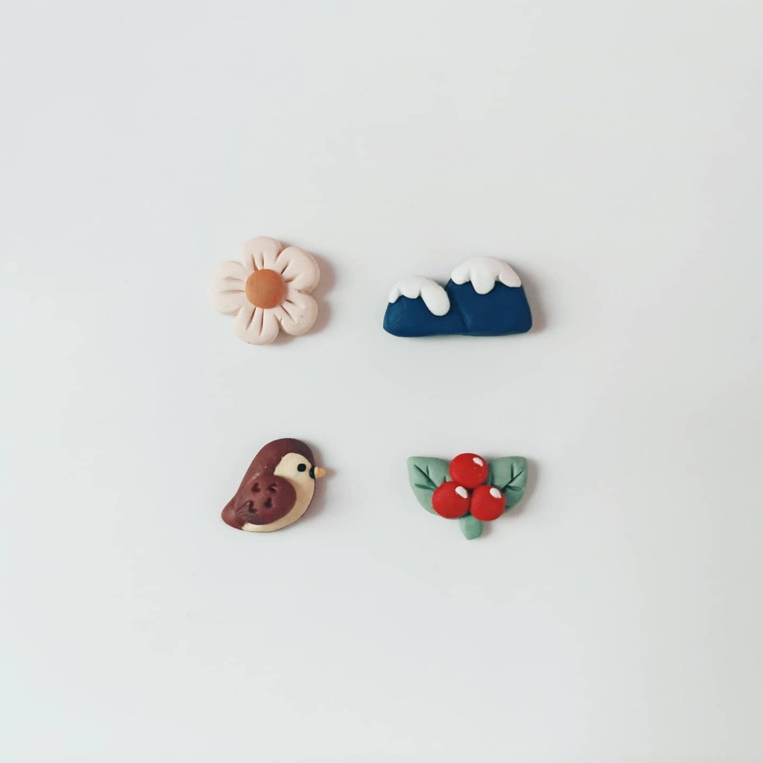 bi birdy //小清新鸟・花・果・山手工软陶小耳钉 - 耳环/耳夹 - 粘土 多色