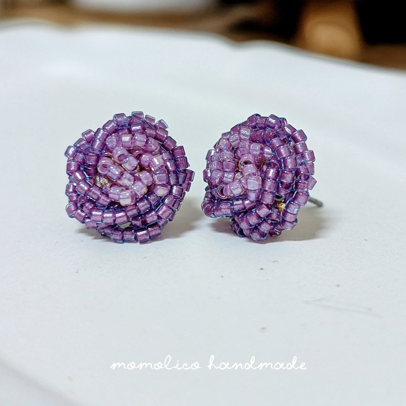 钩针 串珠 编织   耳环 结球玫瑰 紫光 - 耳环/耳夹 - 其他材质 紫色