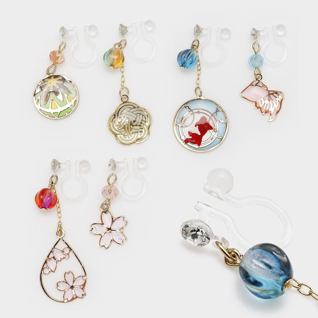 【热门预购】和风透明金鱼花火祭典不对称垂坠耳夹(6色)7PZZ5104 - 耳环/耳夹 - 其他材质 
