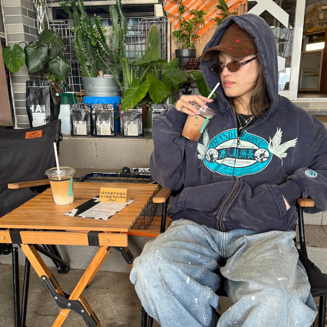 香港设计 岛人源 Unisex做旧Hoodie长洲岛人源 - 中性连帽卫衣/T 恤 - 棉 蓝色