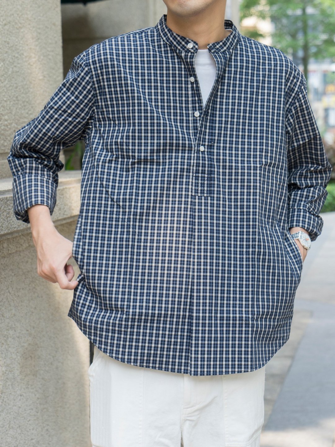 SHIRTS 日系休閒格子襯衫 寬鬆立領口袋設計 日常通勤搭配 - 男装衬衫 - 棉 蓝色